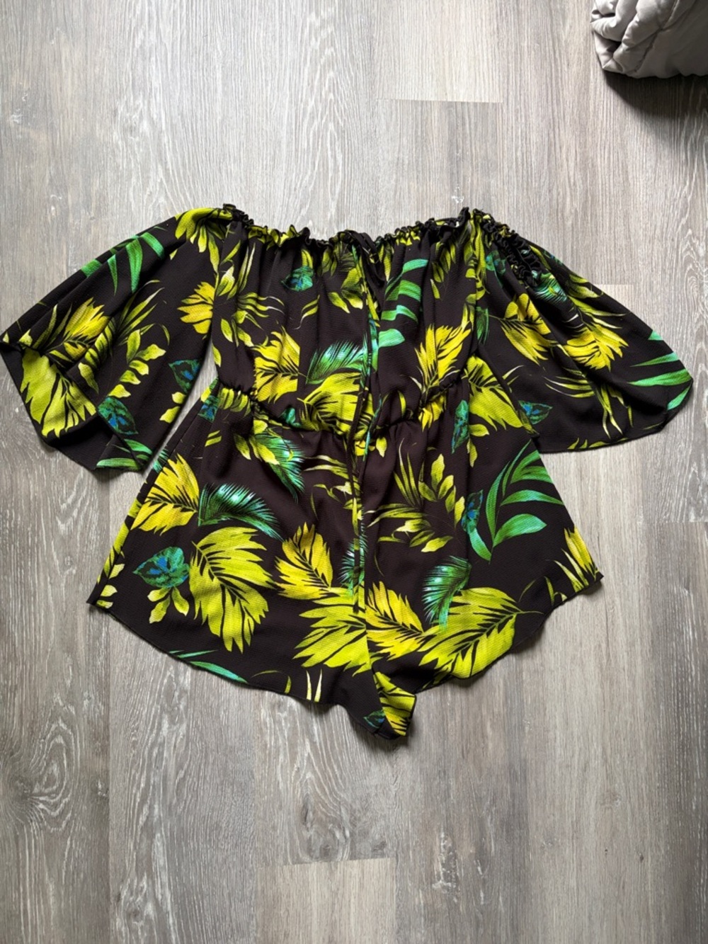 Fashion Nova Black Off-Shoulder Tropical Leaf Romper in Lime & Teal, 1X